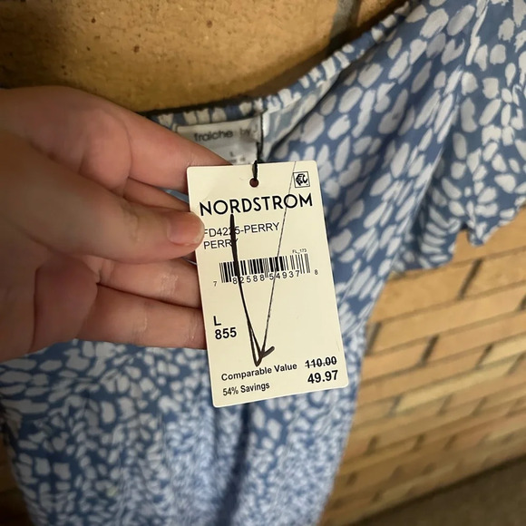 NWT Fraiche by J Floral Dot Puff Sleeve Tiered Midi Dress Blue & White Size L - Picture 5 of 6